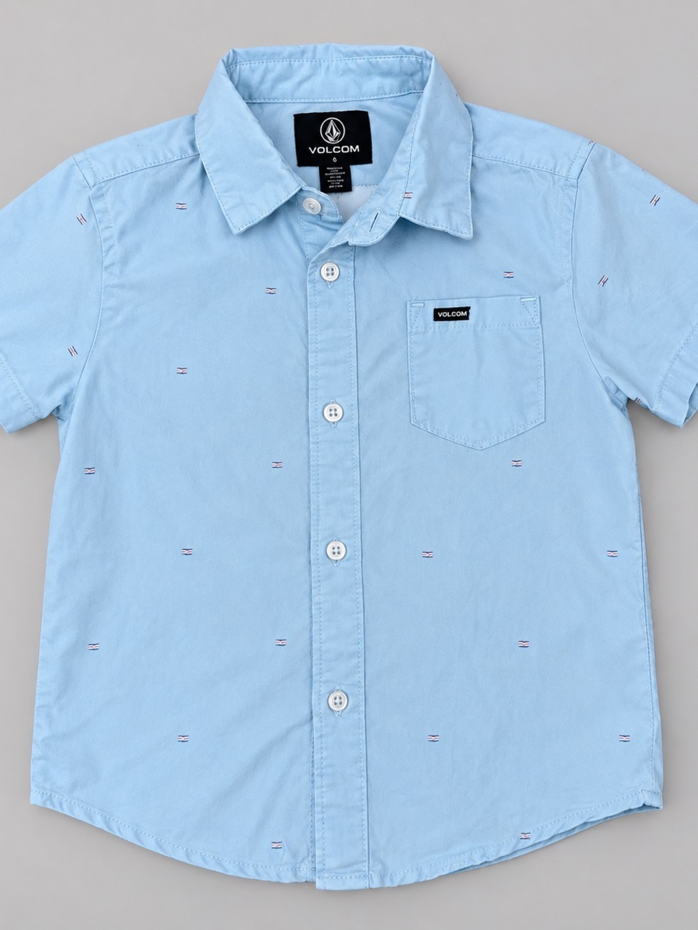 Volcom Boys Size 5 Light Blue Short Sleeve Button Down Shirt Allover Print